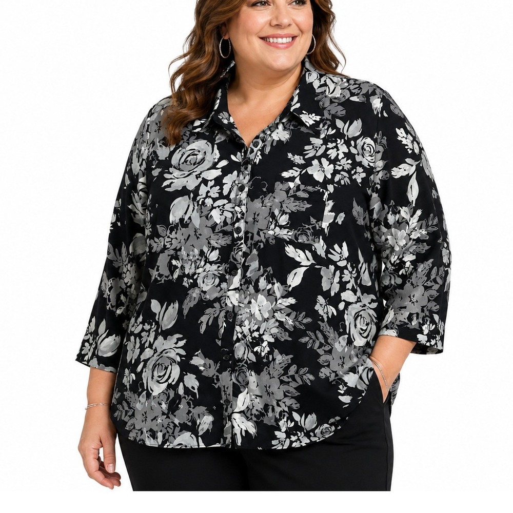 Womens 2X Plus Floral Button Up Blouse Black Gray White 3/4 Sleeve Top